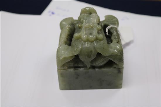 A Chinese green stone dragon seal, 3.25in. (8.3cm)